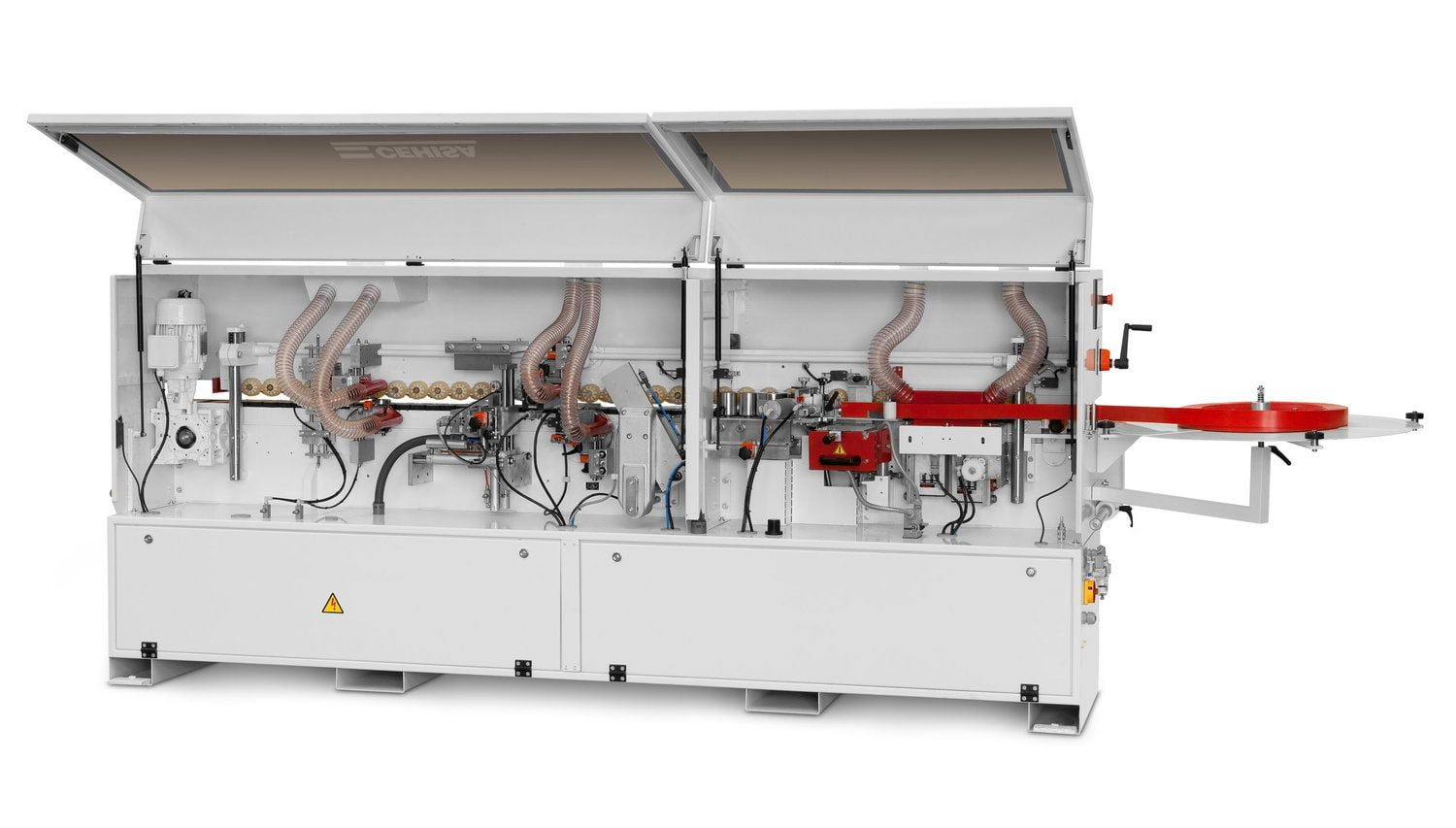 Open case shot of the Cehisa Model Compact PCS Edgebander with Pre-Milling, Corner Rounding edgebander